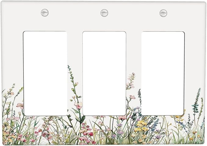 Light Switch Covers Boho Wildflower Green Leaves Rustic Floral Botanical 3 Gang Rocker Electrical GFCI Decorative Triple Outlet Wall Plate Cover Switchplate for Bedroom living Room Decor