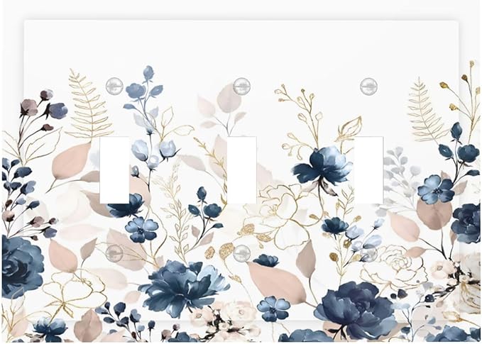 Blue Flora Boho Vintage Flower Golden Leaves Decorative Switch Plates 3 Gang Wall Plate Triple Toggle Light Switch Cover Faceplate Electrical Wall Panels for Bedroom Living Room Decor