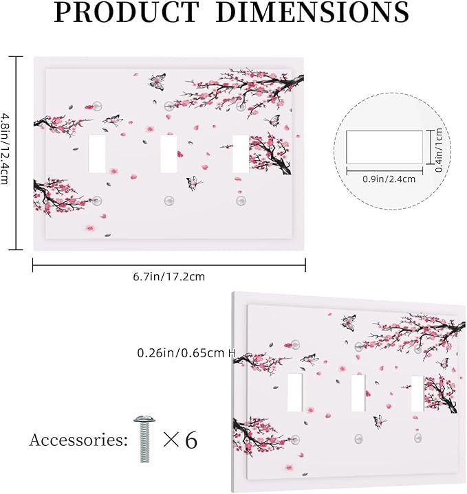 Pink Watercolor Cherry Blossom Flowe Tree Branch Floral Decorative Switch Plates 3 Gang Wall Plate Triple Toggle Light Switch Cover Faceplate Electrical Wall Panels for Bedroom Living Room Decor