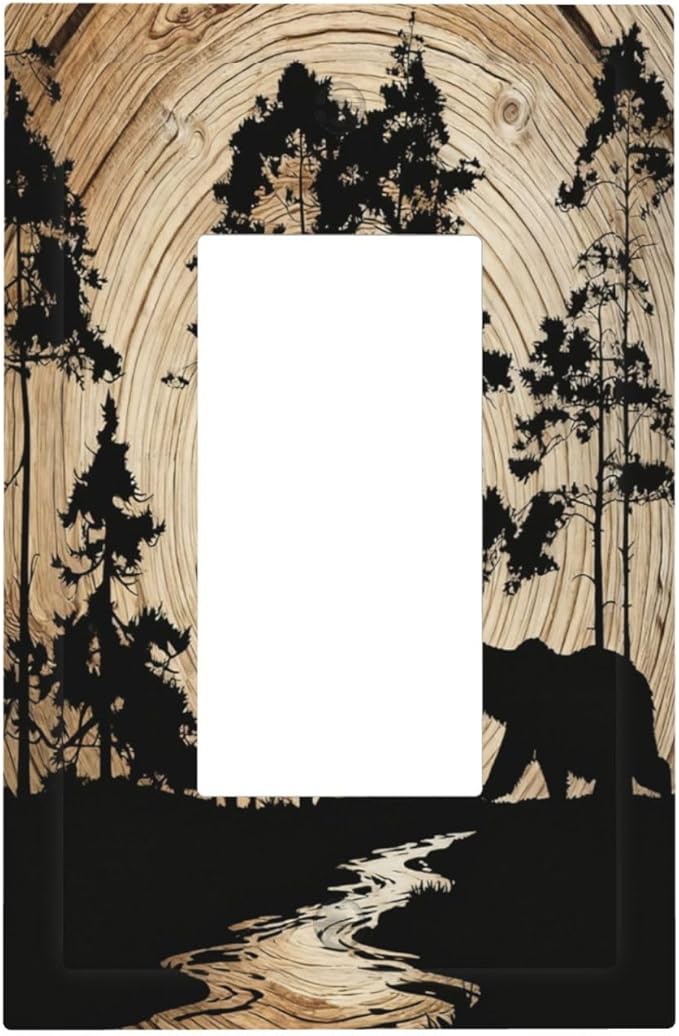 Rustic Forest Antler Black Bear Deer Silhouettes Decorative Outlet Covers 1 Gang Single Rocker Light Switch Cover Plate Wall Plates GFCI Faceplate for Farmhouse Home Decor
