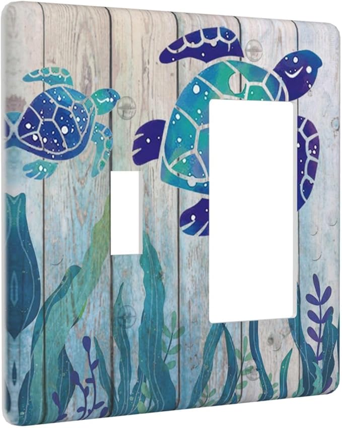 Sea Turtle Grass Seaweed on Rustic Wooden Board 2 Gang Light Switch Cover Decorative Combination Wall Plate Ocean Grass Seaweed Single Toggle Rocker Electrical Faceplate for Kitchen Home Decor