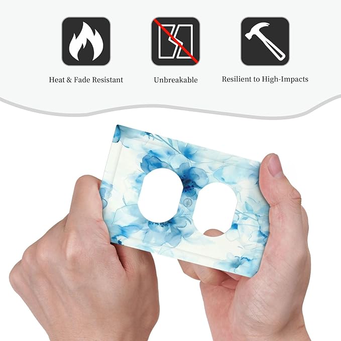 Watercolor Flower Blue White Large Floral Leaf Plants Outlet Covers 1 Gang Duplex Light Switch Cover Decorative Switch Plates Electrical Receptacle Faceplate Wall Plate for Bedroom Living Room Decor