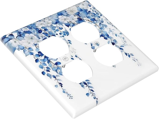 Blue Eucalyptus Leaves Floral Vine Flower Outlet Covers 2 Gang Double Duplex Decorative Light Switch Covers Electrical Wallplates Socket Faceplate for Bedroom Living Room Decor