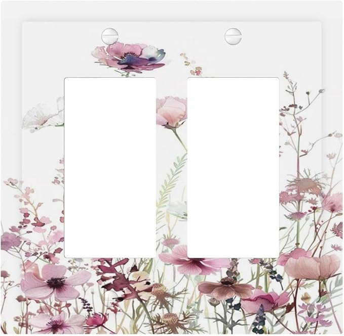Floral Pink Watercolor Wildflowers Plant Flower Decorative Outlet Covers 2 Gang Double GFCI Rocker Electrical Wall Panels Light Switch Cover Plate for Bedroom Living Room Decor