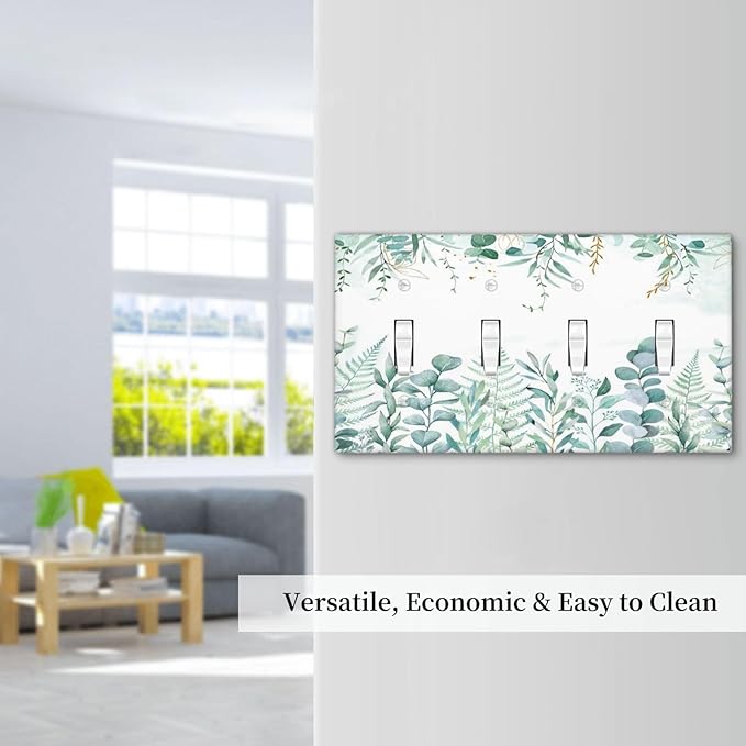 Boho Green Eucalyptus Leaf Floral Sage Flower Light Switch Covers Quad Toggle Electrical Faceplate 4 Gang Wall Plate Decorative Switch Plates Cover for Bedroom Living Room Decor