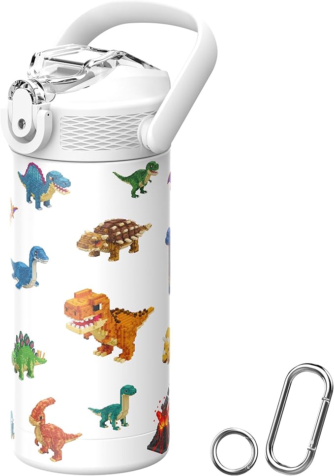 MYFOREST 14oz/400ml Insulated Kids Water Bottle, Odor-Free Surgical Grade Liner, Dishwasher-Safe, Name Spot, Soft Sipper, Gift for Dino Fan (DinoCraft: Pixel)