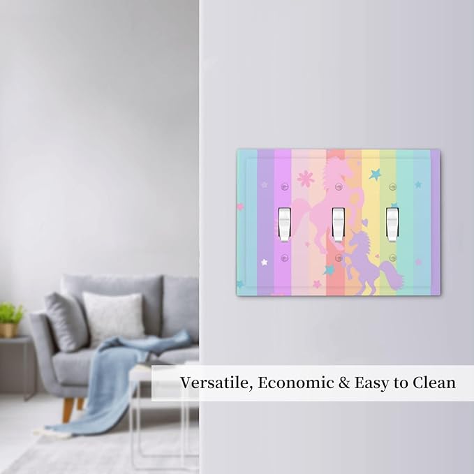 Cute Purple Pink Rainbow Unicorn 3 Gang Light Switch Cover Triple Toggle Wall Plate Decorative Electrical Switchplates Faceplate for Nursery Girls Boys Room Kids Room Home Decor