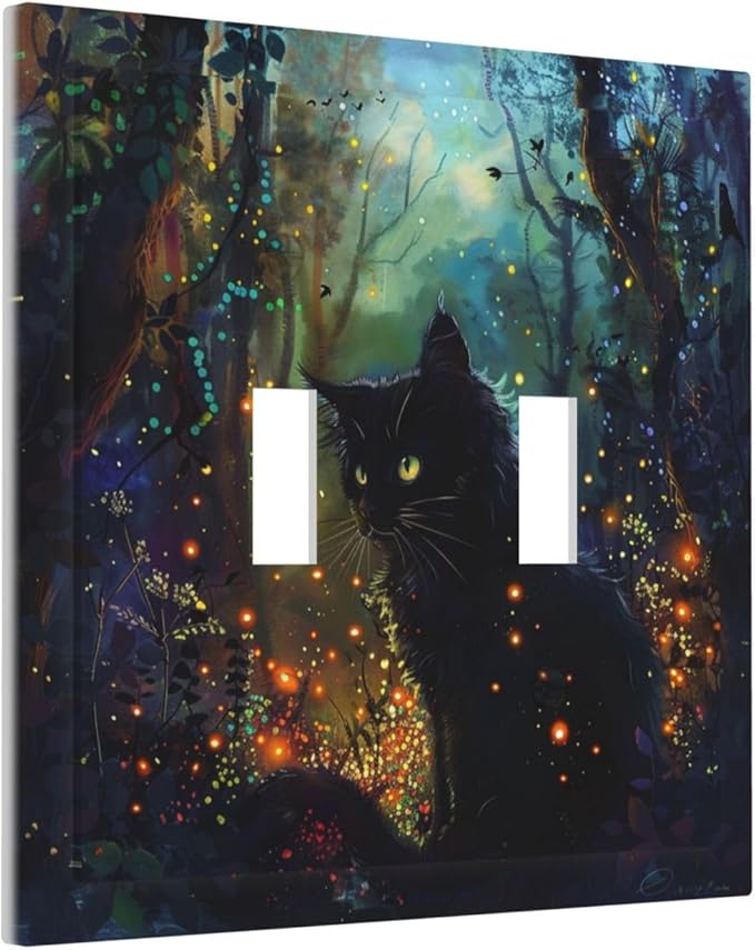 Light Switch Cover Plate Magic Fantasy Forest Mysterious Black Cat 2 Gang Double Toggle Decorative Switch Plates Wall Plates Electrical Faceplate for Kid Room Bathroom Decor
