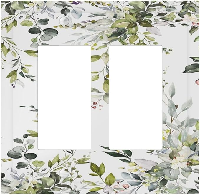 Eucalyptus Sage Green Leaf Plant Floral Decorative Outlet Covers 2 Gang Double GFCI Rocker Electrical Wall Panels Light Switch Cover Plate for Bedroom Living Room Decor