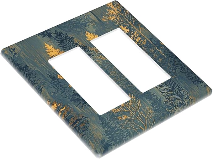 Decorative Outlet Covers with Golden Trees & Abstract Gradient Forest Landscape Design 2 Gang Wall Plate Double Rocker Light Switch Cover Switch Plate Cover for Blue Retro Home Decor
