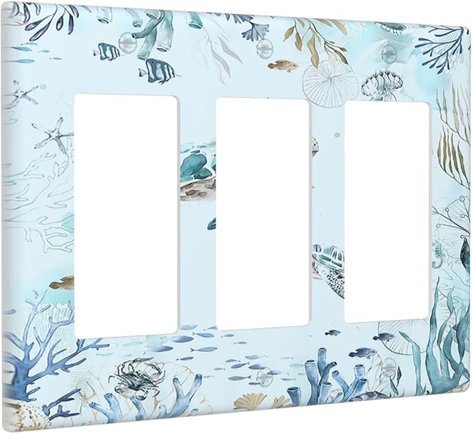 Light Switch Covers Teal Blue Ocean Sea Turtle Seabed Plants 3 Gang Rocker Electrical GFCI Decorative Triple Outlet Wall Plate Cover Switchplate for Bathroom Kids room Decor