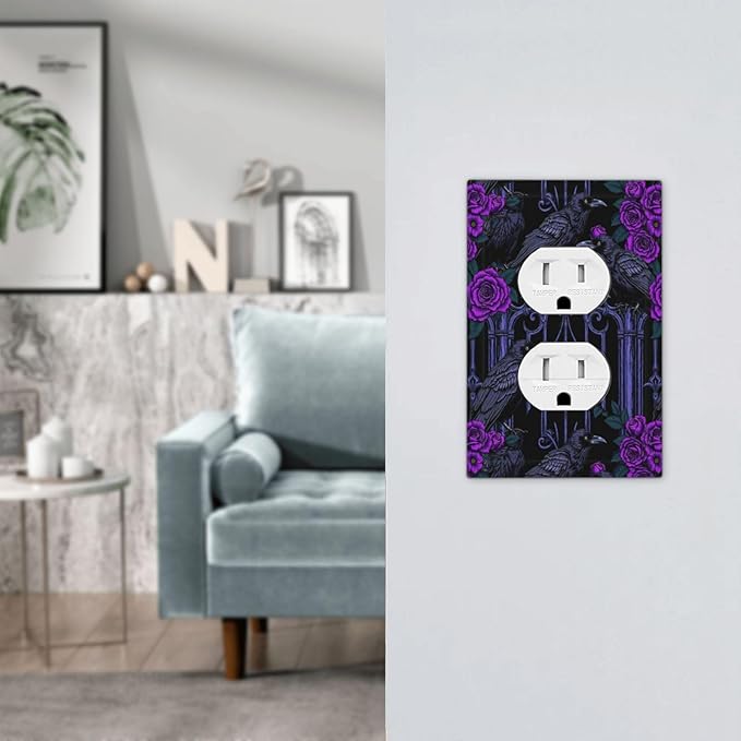 Outlet Covers Gothic Style Crow Purple Flowers 1 Gang Duplex Electrical Receptacle Faceplate Light Switch Cover Wall Plate Decorative Switch Plates for Bedroom living Room Decor