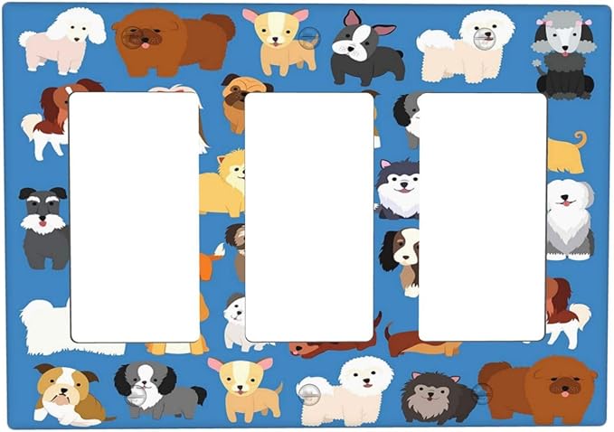 Cute Animal Dogs Puppy Decorative Outlet Cover Triple Rocker Light Switch Plate Cover Electricity Receptacles Plates For Home Kitchen Living Bedroom 6.57 * 4.65