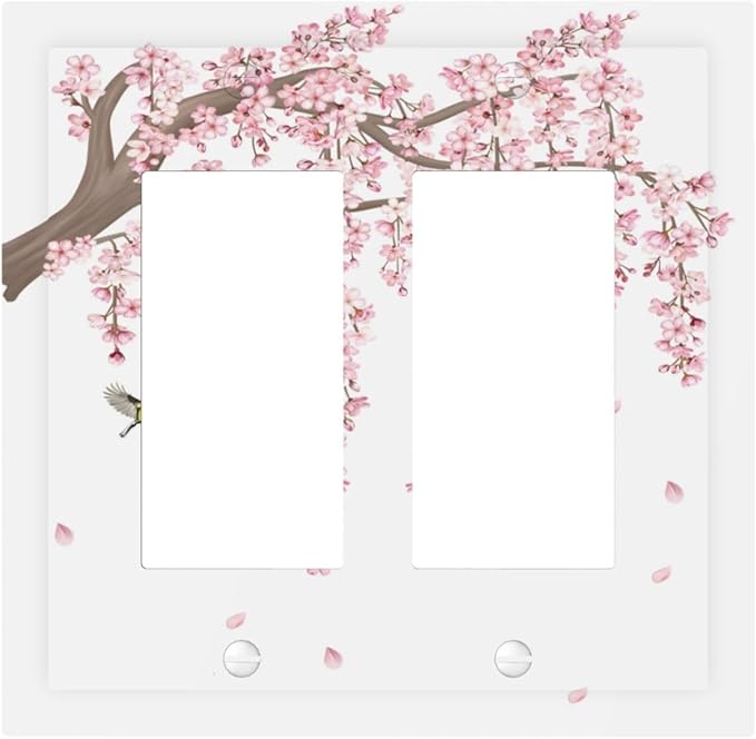 Pink Flower Tree Branch Cherry Blossom Tree Floral Birds Decorative Outlet Covers 2 Gang Double GFCI Rocker Electrical Wall Panels Light Switch Cover Plate for Bedroom Living Room Decor