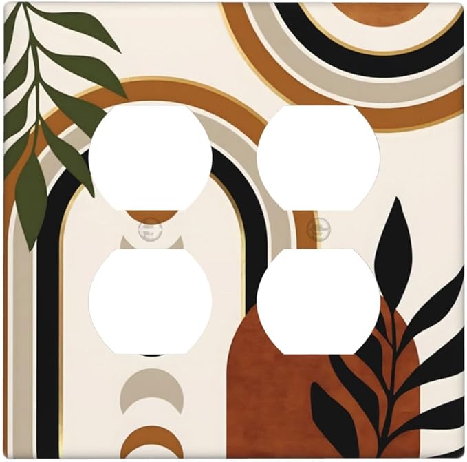 Boho Mid Century Arch Plant Leaves Sun Moon Outlet Covers 2 Gang Double Duplex Decorative Light Switch Covers Electrical Wallplates Socket Faceplate for Bedroom Living Room Decor