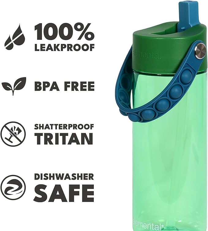 Elemental Water Bottles for Kids - Splash Kids Water Bottle for School with Pop-it Handle - BPA Free Tritan Plastic Water Bottle with Straw Leak Proof when Spout is Closed - Stormy Grove - 18oz