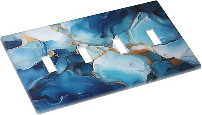 Decorative Light Switch Plate Covers Artistic Abstract Blue Marble Gold Line Painted 4 Gang Wall Plate Switch Cover Plate Quad Toggle Jumbo Electrical Faceplate for Kitchen Decor