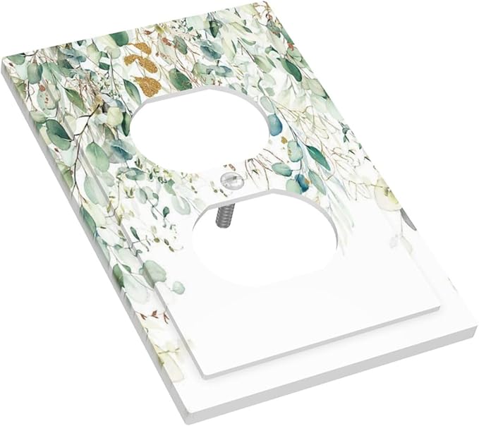 Gold Green Eucalyptus Leaves Plants Flowers Floral Outlet Covers 1 Gang Duplex Light Switch Cover Decorative Switch Plates Electrical Receptacle Faceplate Wall Plate for Bedroom Living Room Decor