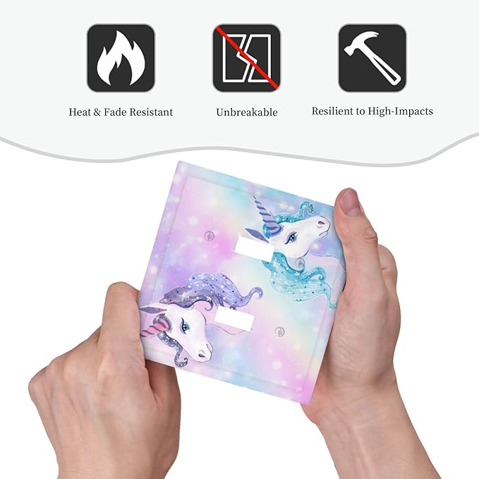 Cute Funny Cartoon Colorful Rainbow Purple/Blue Unicorn Double Toggle Wall Plate Lovely Kid Girl Fantasy Dream Animal Decorative 2-Gang Light Switch Cover Electrical Receptacle Outlet Face Plate Cover