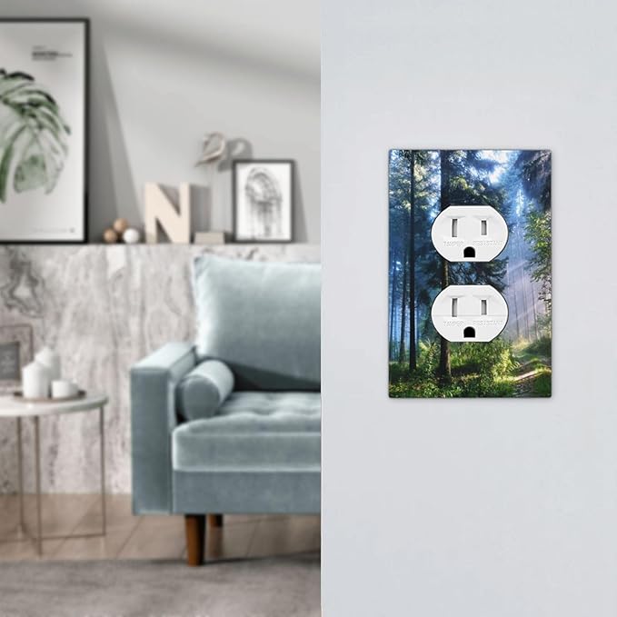Green Forest Nature Scenery Misty Forest Print Decorative 1-Gang Electrical Device Duplex Receptacle Outlet Cover Sunshine Tree Path Landscape Woodland Scene Plug Wall Plate Light Switch Socket Cover