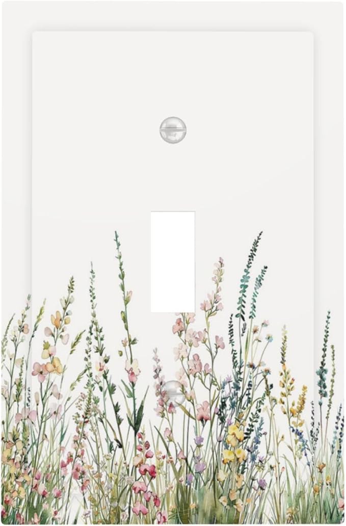 Decorative Light Switch Cover Boho Wildflower Green Leaves Rustic Floral Botanical 1 Gang Single Toggle Decorator Outlet Wall Plate Device Electrical Faceplate Switchplates for Bedroom