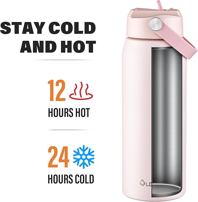 Oldley 24oz Insulated Water Bottle with Straw, Stainless Steel Water Bottle for Sports, Travel, School, BPA-Free Sports Bottles for Adult Kids, Leak-Proof, Pink