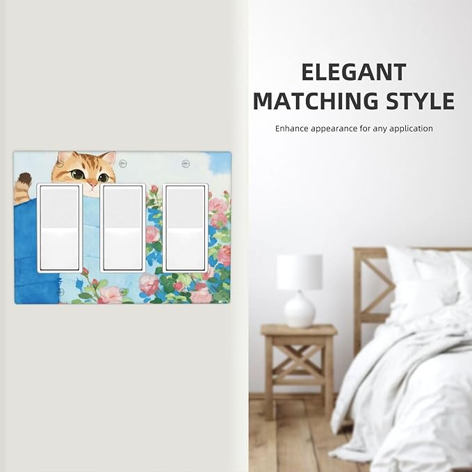 Cat Flower Triple Rocker Wall Plate Decorative 3 Gang Light Switch Covers Electrical Switchplate Home Decorate Faceplat for Bathroom Bedroom Kitchen Room 4.5 x 6.38 Inch