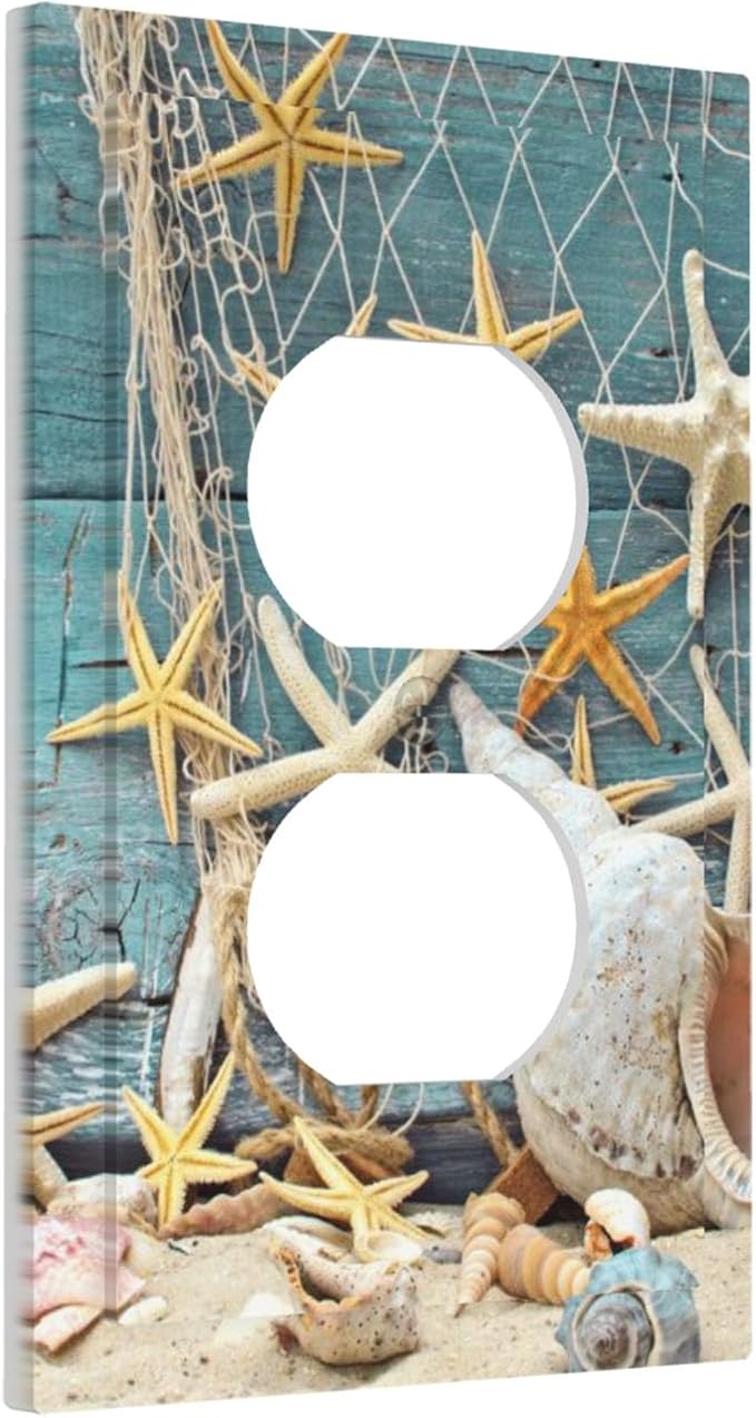 Rustic Coastal Seashell Duplex Wall Plate - 1-Gang Standard US Size Fisherman's Catch Beach Scene Outlet Covers for Bathroom Decor
