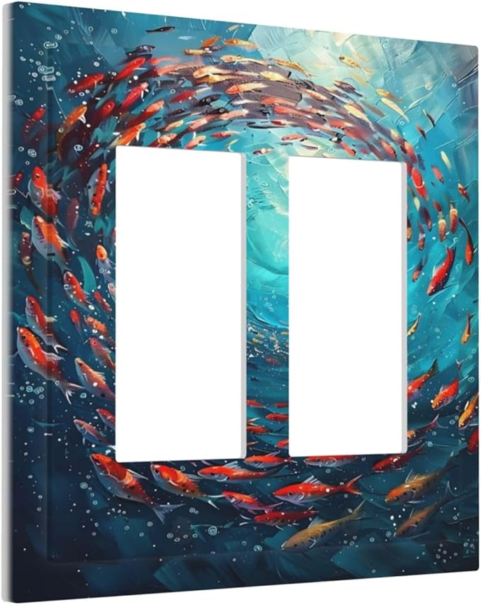 Ocean Fish School Of Fish Vortex Deep Sea Decorative Outlet Covers 2 Gang Double GFCI Rocker Electrical Wall Panels Light Switch Cover Plate for Kids Room Bedroom Decor