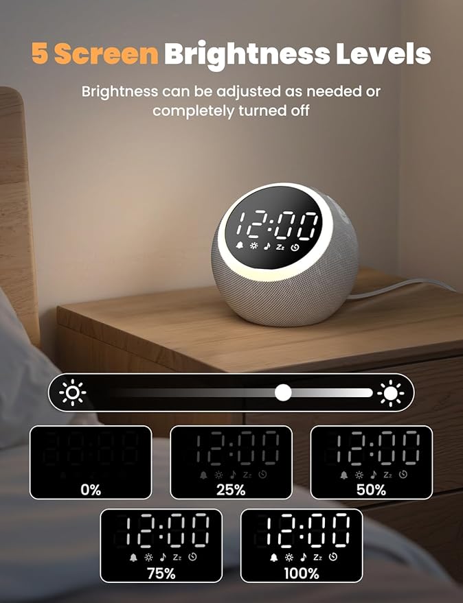 LIORQUE Alarm Clock with White Noise Machine & Night Light, 25 Soothing Sound, Adjustable Volume, Sleep Timer, Ideal for Baby Kids Adult, Easy to Use Alarm Clock for Bedrooms