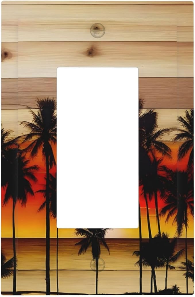 Sunset Beach Coconut Palm Tree Wooden Background Decorative Outlet Covers 1 Gang Single Rocker Light Switch Cover Plate Wall Plates GFCI Faceplate for Bedroom Living Room Decor