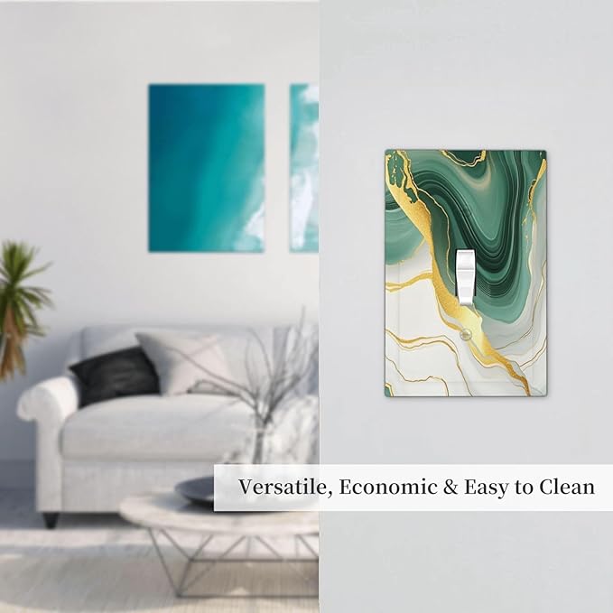 Decorative Light Switch Cover Turquoise Marble Texture Golden Lines 1 Gang Single Toggle Device Electrical Faceplate Switchplates Decorator Outlet Wall Plate For Bed Room Bathroom Decor