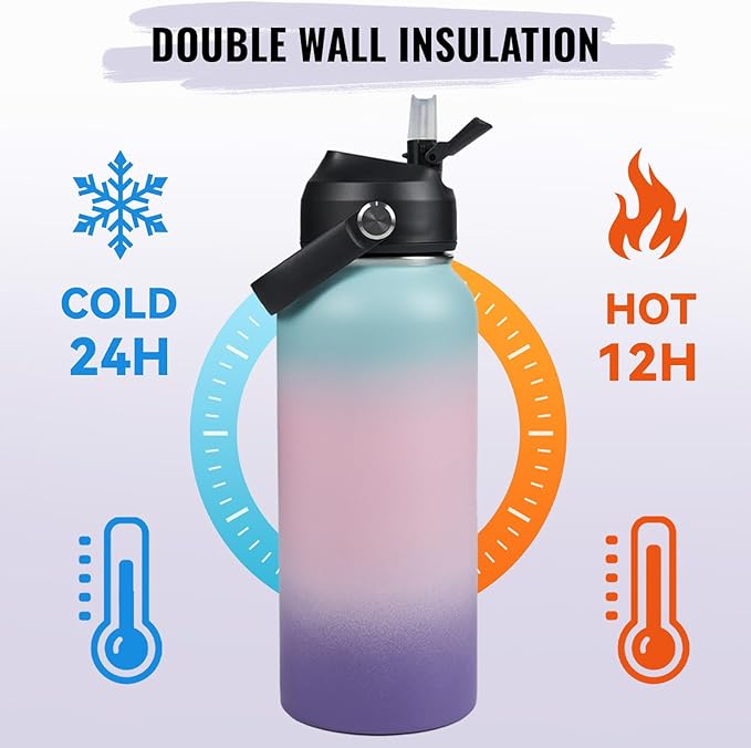 Fijinhom 32oz Insulated Stainless Steel Water Bottle, Wide Mouth Double Wall Vacuum, Silicone Straw, Sweat & Leak Proof, BPA Free Insulated Water Flask for Travel, Keep Cold 24h Hot 12h, Pink