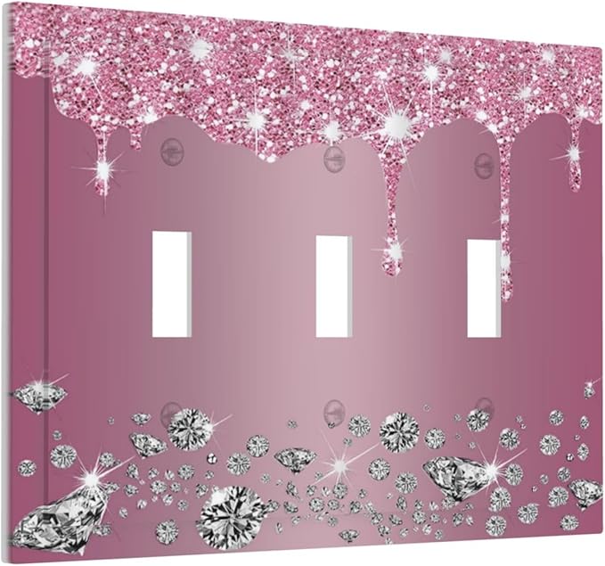 Sparkling Diamonds Pink Silver Glitter Drops Print 3 Gang Light Switch Covers Decorative Unique Triple Toggle Wall Plate Electrical Faceplate Switchplate for Bathroom Bedroom Home Decor