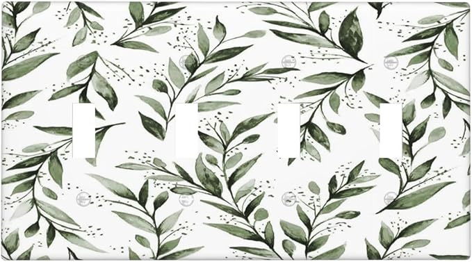 Green Leaf Olive Leaf Sage Floral Light Switch Covers Quad Toggle Electrical Faceplate 4 Gang Wall Plate Decorative Switch Plates Cover for Bedroom Living Room Decor