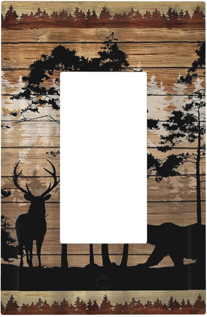 Rustic Mountain Forest Antler Elk Bear Deer Silhouettes Woodland Hunting Animals 1 Gang Electrical Single Decorator/GFCI Device Wall Plate Decorative Electric Rocker Light Switch Outlet Cover Dimmer