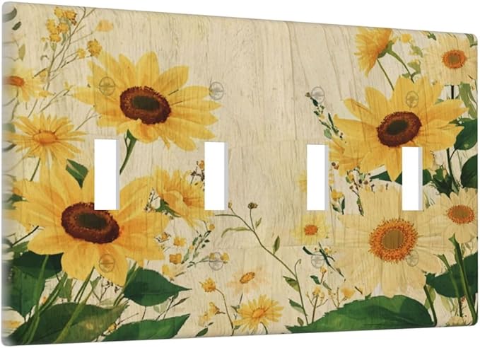 Decorative Switch Plate Cover with Vintage Botanical Sunflower Field Design 4 Gang Artistic Wall Plate Unique Quad Toggle Light Switch Covers for Nature Yellow Blooms Wall Decor