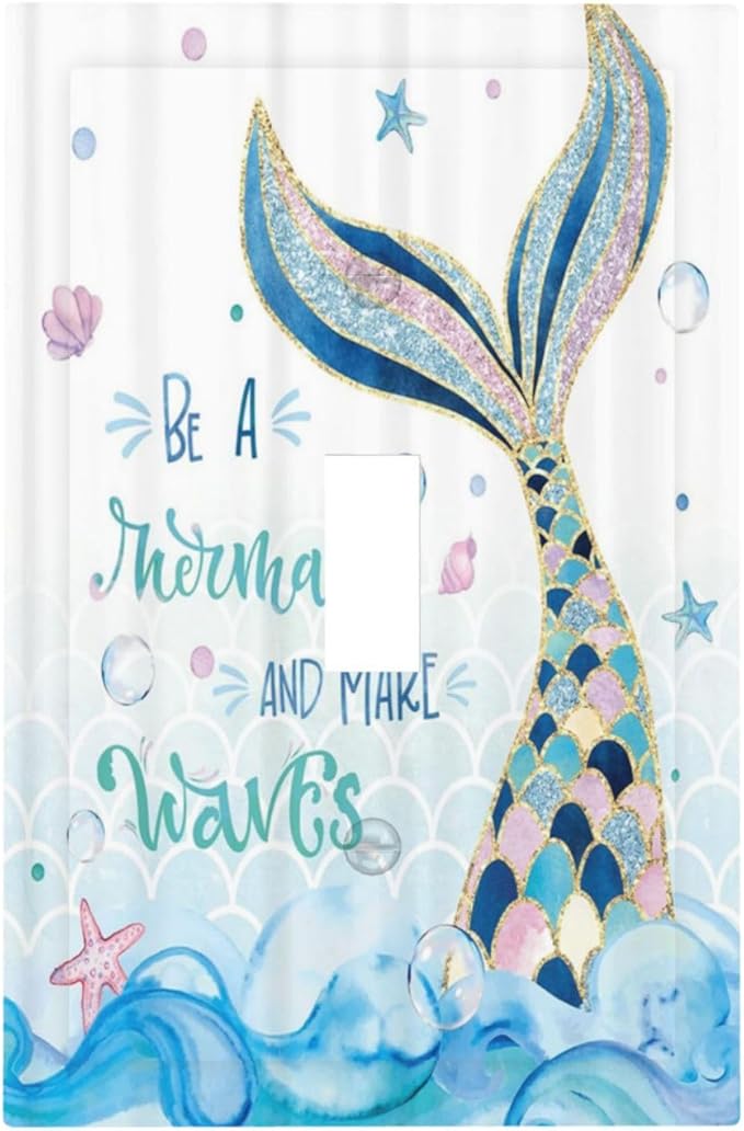 Mermaid Ocean Blue Waves Kids Girl 1 Gang Light Switch Covers Decorative Single Toggle Wall Plate Switchcover Electrical Switchplate for Kidroom Bathroom Bedroom Decor