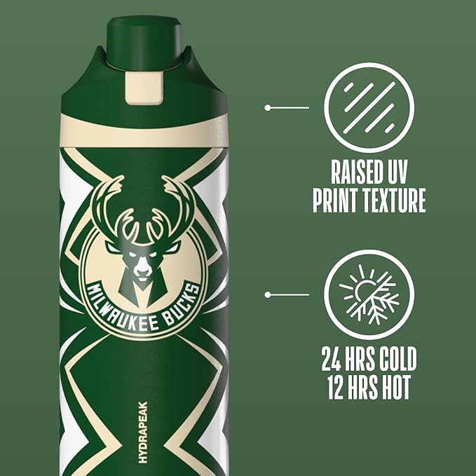 Hydrapeak x NBA Officially Licensed Milwaukee Bucks Oasis 20 oz Insulated Kids Water Bottle, Stainless Steel Water Bottle Kids with Chug Lid, Push Button