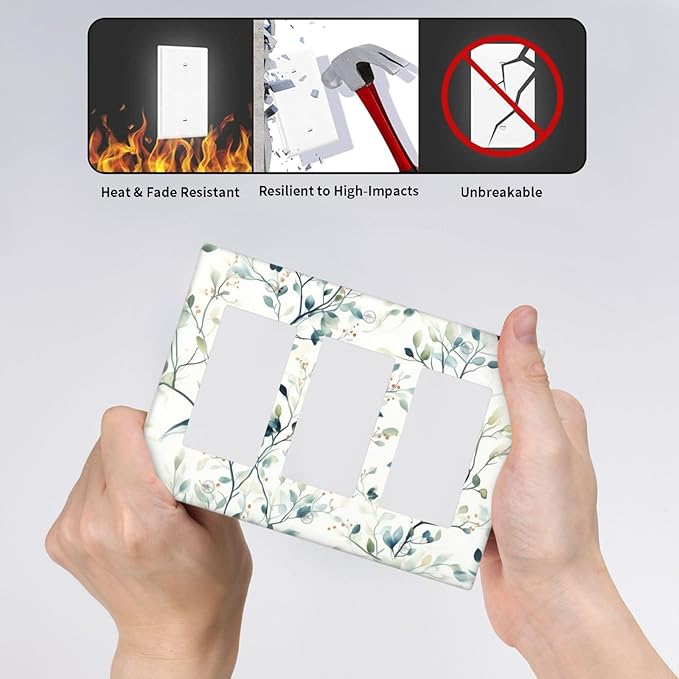 Watercolor Floral Green Leaves Triple Rocker Light Switch Cover Green Botanical Flowers 3 Gang Rocker Switchplates Wall Plate Decorative Faceplate for Bedroom Kitchen Living Room Decor