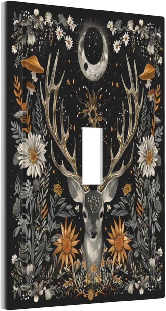 Light Switch Cover Plate Vintage Deer Flowers Moon Natural Plants Floral 1 Gang Single Toggle Decorative Switch Plates Wall Plates Electrical Faceplate for Bathroom Bedroom Decor