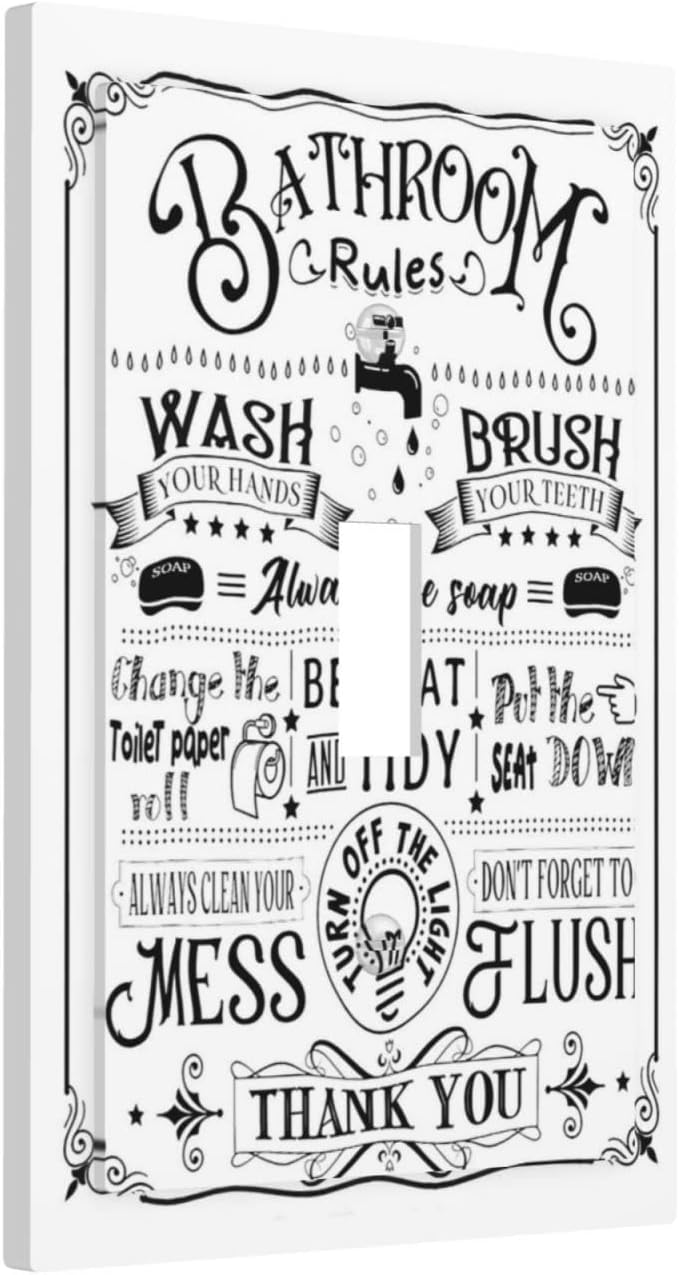 Funny Toilet Bathroom Bathtub 1 Gang Electrical Single Toggle Device Switch Wall Plate Washroom Bath Rules Positvie Quotes Inspirational Sign Jumbo Size Decorative Outlet Light Switch Face Plate Cover