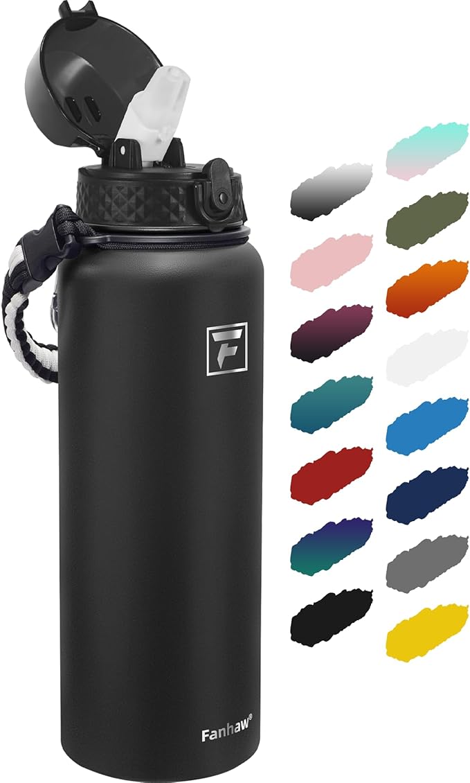 Fanhaw 40 oz Insulated Stainless Steel Water Bottle with Straw Lid, Leakproof Extra-Large Sports Bottle for Men & Women (Black)