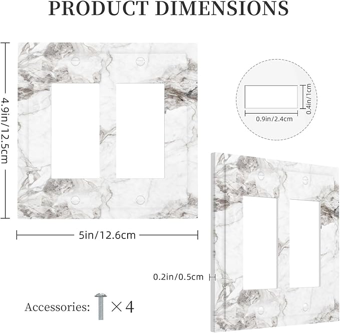 White And Gray Marble Patterns Texture Abstract Print Decorative Outlet Covers 2 Gang Double GFCI Rocker Electrical Wall Panels Light Switch Cover Plate for Bathroom Kitchen Decor