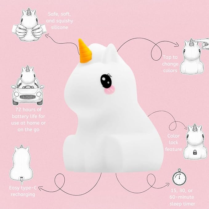 Lumipets Remote Control Silicone Night Light for Kids - Unicorn Design with 9 Soft Colors & Sleep Timer - Rechargeable, Battery-Operated Lamp for Bedroom | Baby Nursery, Toddler, Girls, Boys