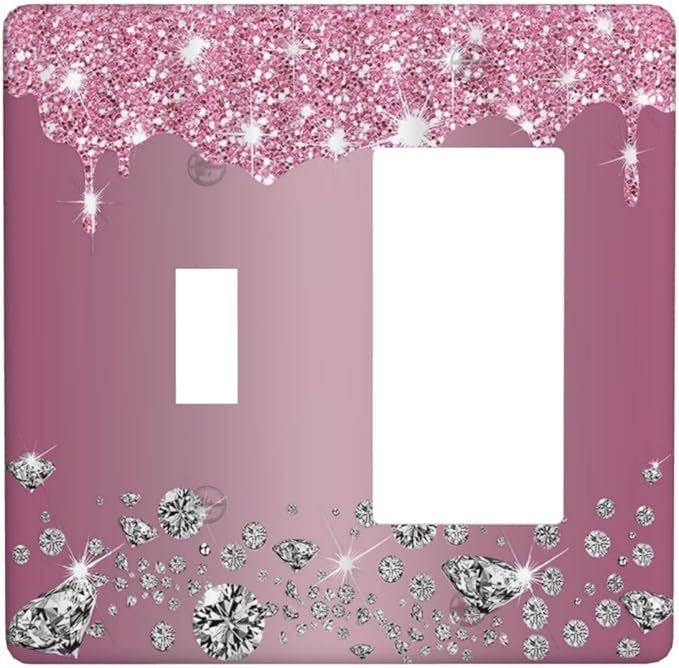 Sparkling Diamonds Pink Silver Glitter Drops Print 2 Gang Single Toggle Rocker Combination Light Switch Cover Unique Decorative Wall Plate Cover Electrical Faceplate Switchplate for Bathroom Decor