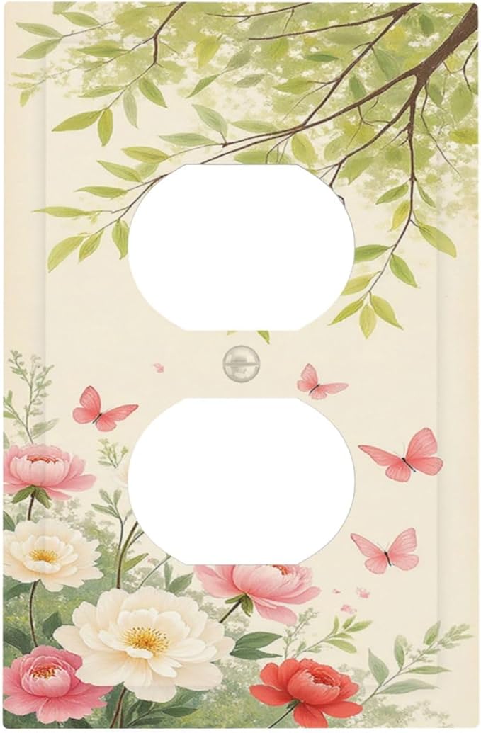 Outlet Covers Garden Flowers Green Leaves And Butterflies 1 Gang Duplex Electrical Receptacle Faceplate Light Switch Cover Wall Plate Decorative Switch Plates for Bedroom Cabin Decor