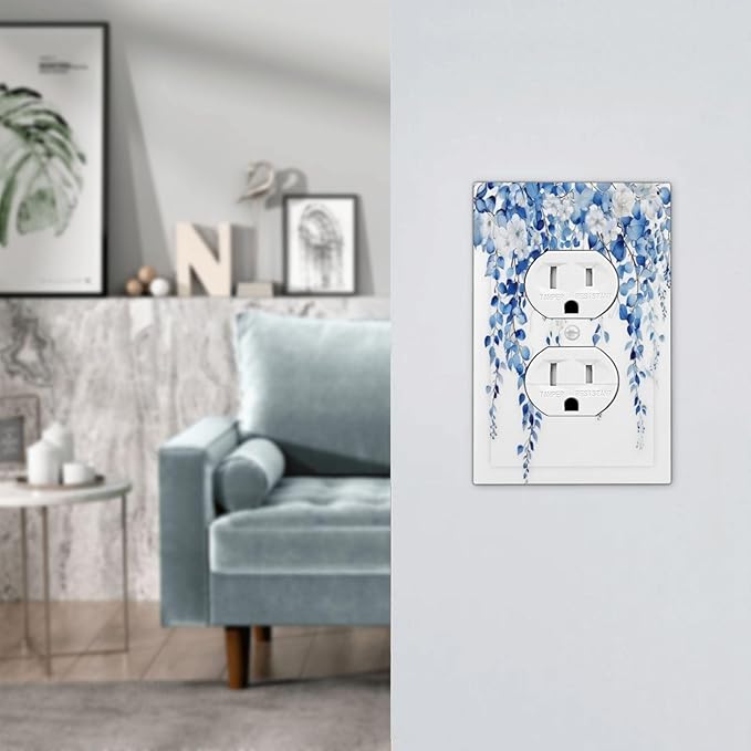 Blue Eucalyptus Leaves Floral Vine Flower Outlet Covers 1 Gang Duplex Light Switch Cover Decorative Switch Plates Electrical Receptacle Faceplate Wall Plate for Bedroom Living Room Decor