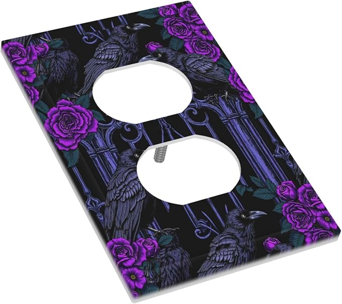 Outlet Covers Gothic Style Crow Purple Flowers 1 Gang Duplex Electrical Receptacle Faceplate Light Switch Cover Wall Plate Decorative Switch Plates for Bedroom living Room Decor