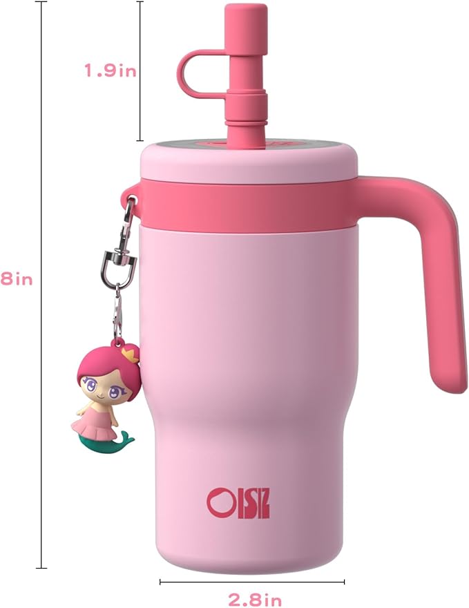 OISIZ 14oz Kids Tumbler with Straw Lid & Handle,Kids Cup with Animal Accessory for School,Kids Water Bottles with Dust-proof Cover,Leakproof Water Bottles,316 Stainless Steel,Keep Cold 24 Hours-pink